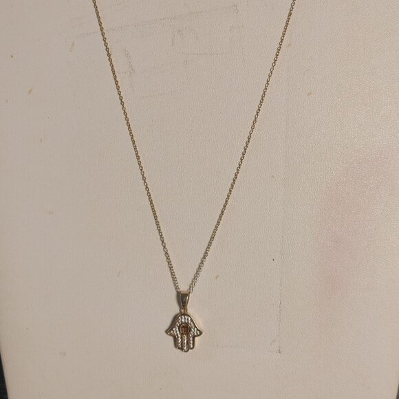 Hamsa Hand Pendant Necklace Gold Plated 925 Silver Rhinestone Accents 18 Chain - Picture 2 of 8